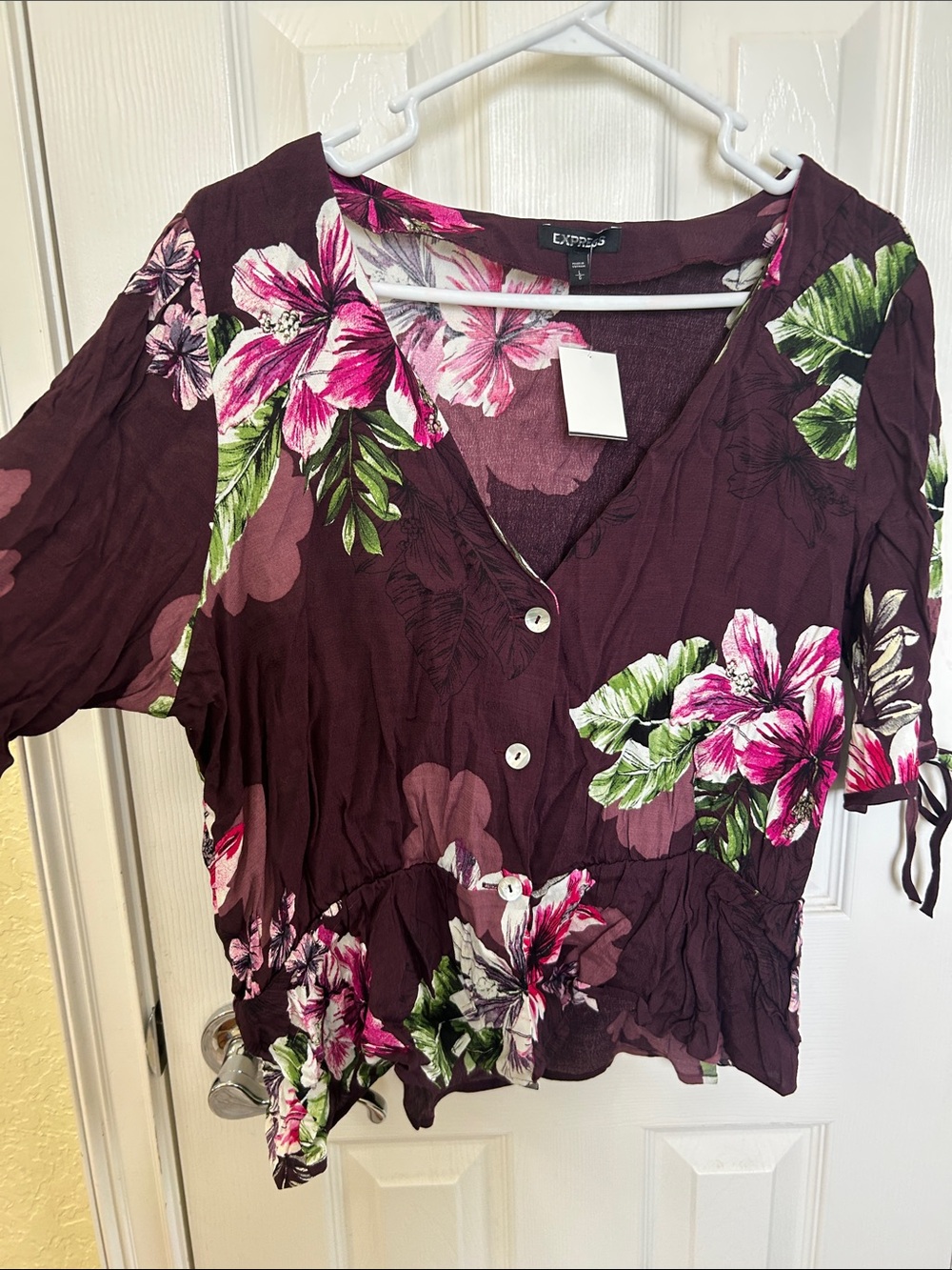 Express Plum Floral Button-Front Peplum Blouse